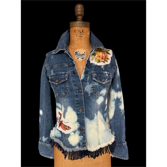 Jackets & Blazers - Upcycled Butterfly Jean Jacket | Bleached Fringe Denim | Size S